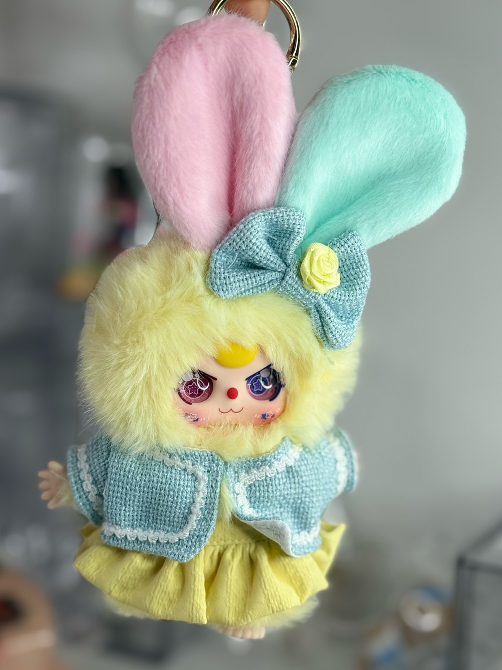 Baby Three Oli’s Wardrove Plush charm Bunny Doll in Pastel Pink, Mint & Yellow
